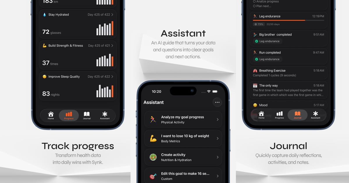 Synk AI screens connecting progress, journal context, and AI coaching