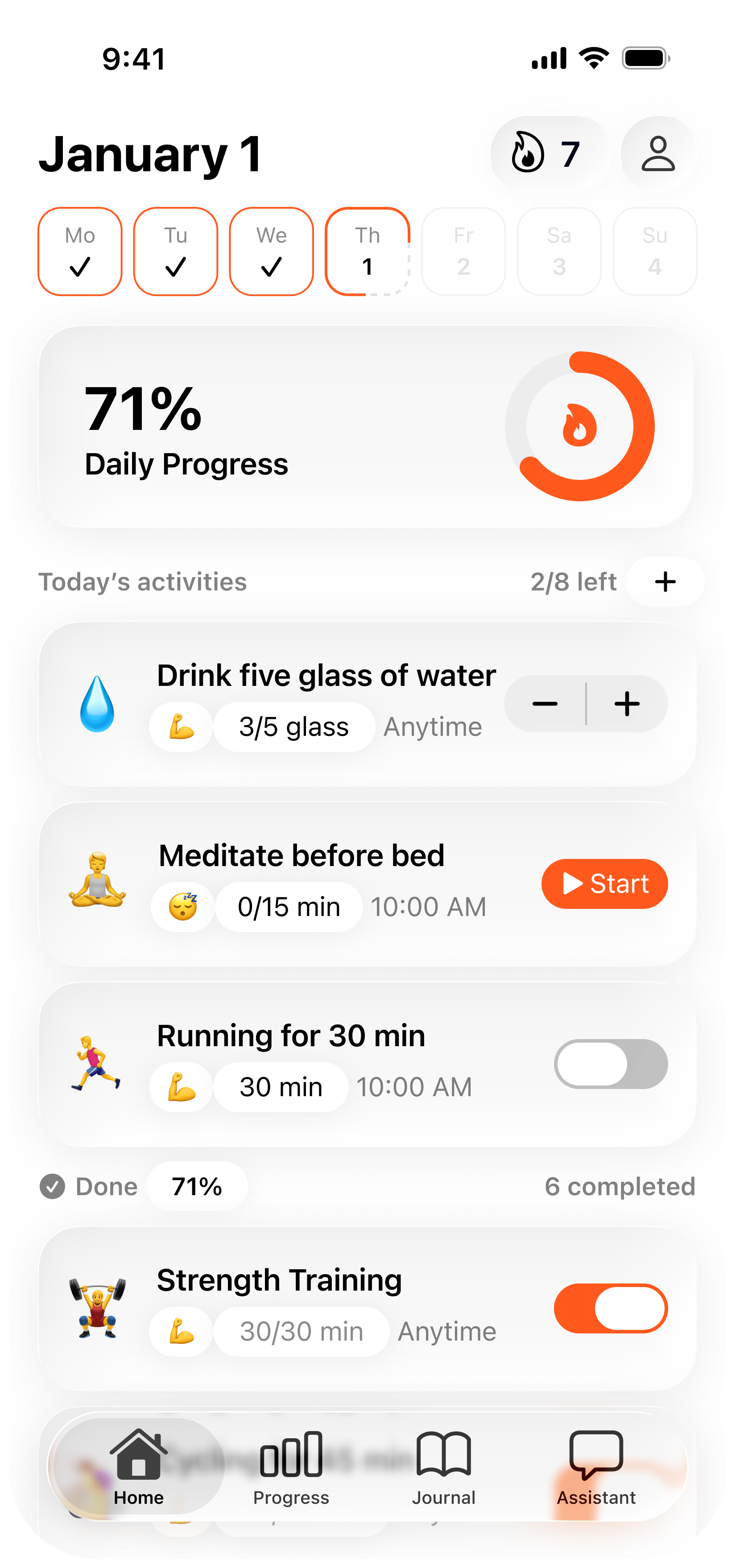 Vertical Synk AI Home screen showing daily progress, activities, timers, and bottom navigation