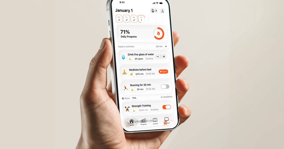 Synk AI Home screen showing a daily wellness plan held in hand