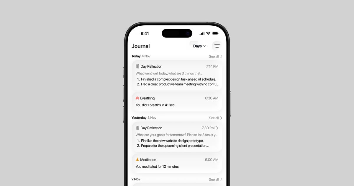 Synk AI Journal screen showing a daily health reflection history